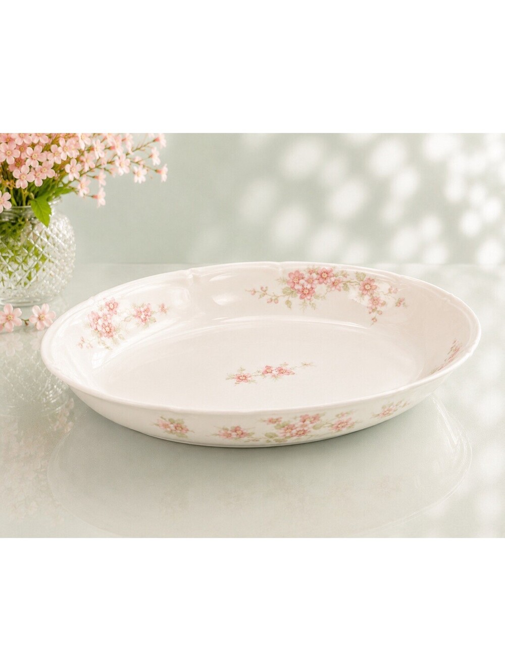 O&EG Royal Austria 1900s Pink Floral Porcelain Oval Serving Bowl, 9.5x7x2”